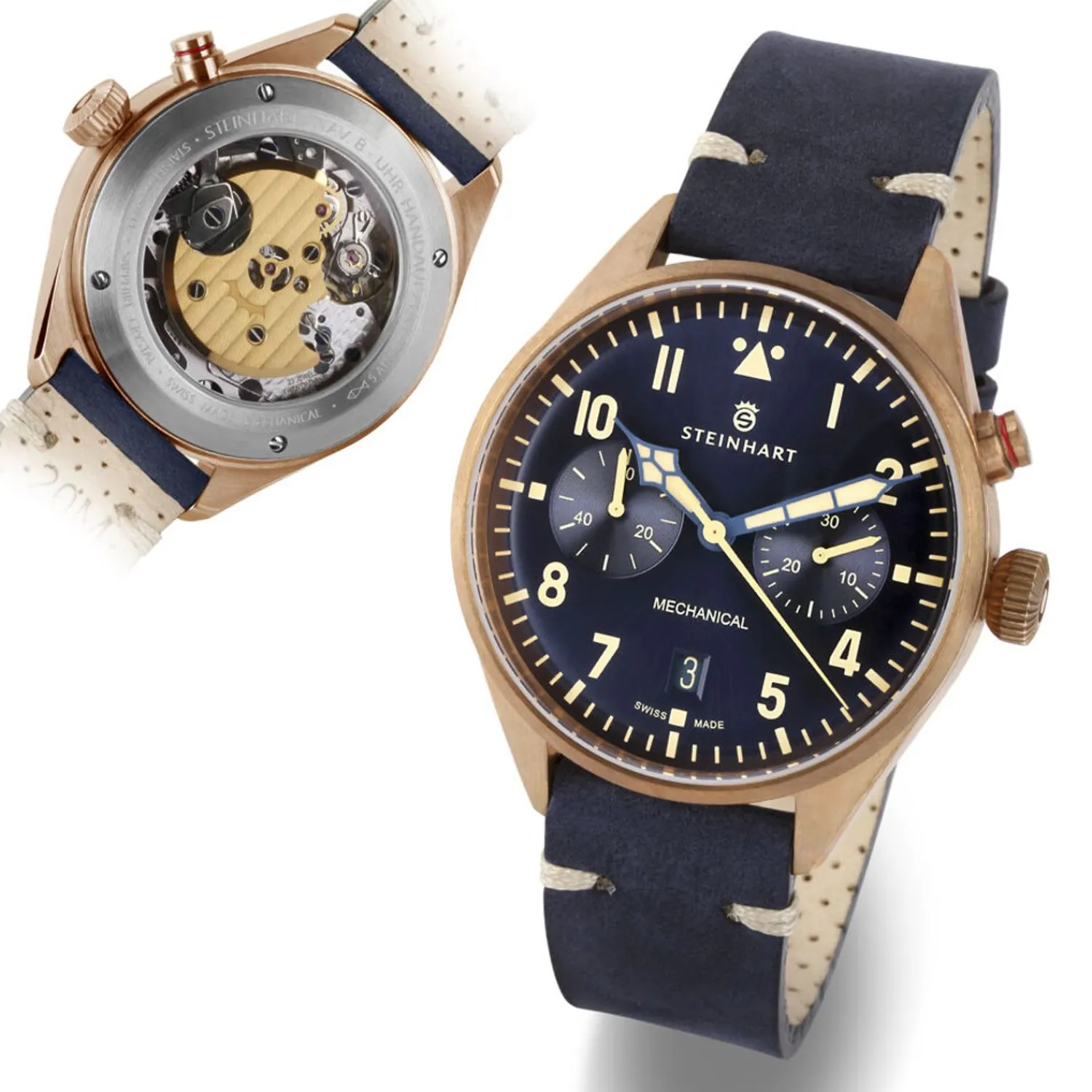 Steinhart Watches Pilotenhorloges^Nav.B - Monopusher Brons 42 Blauw
