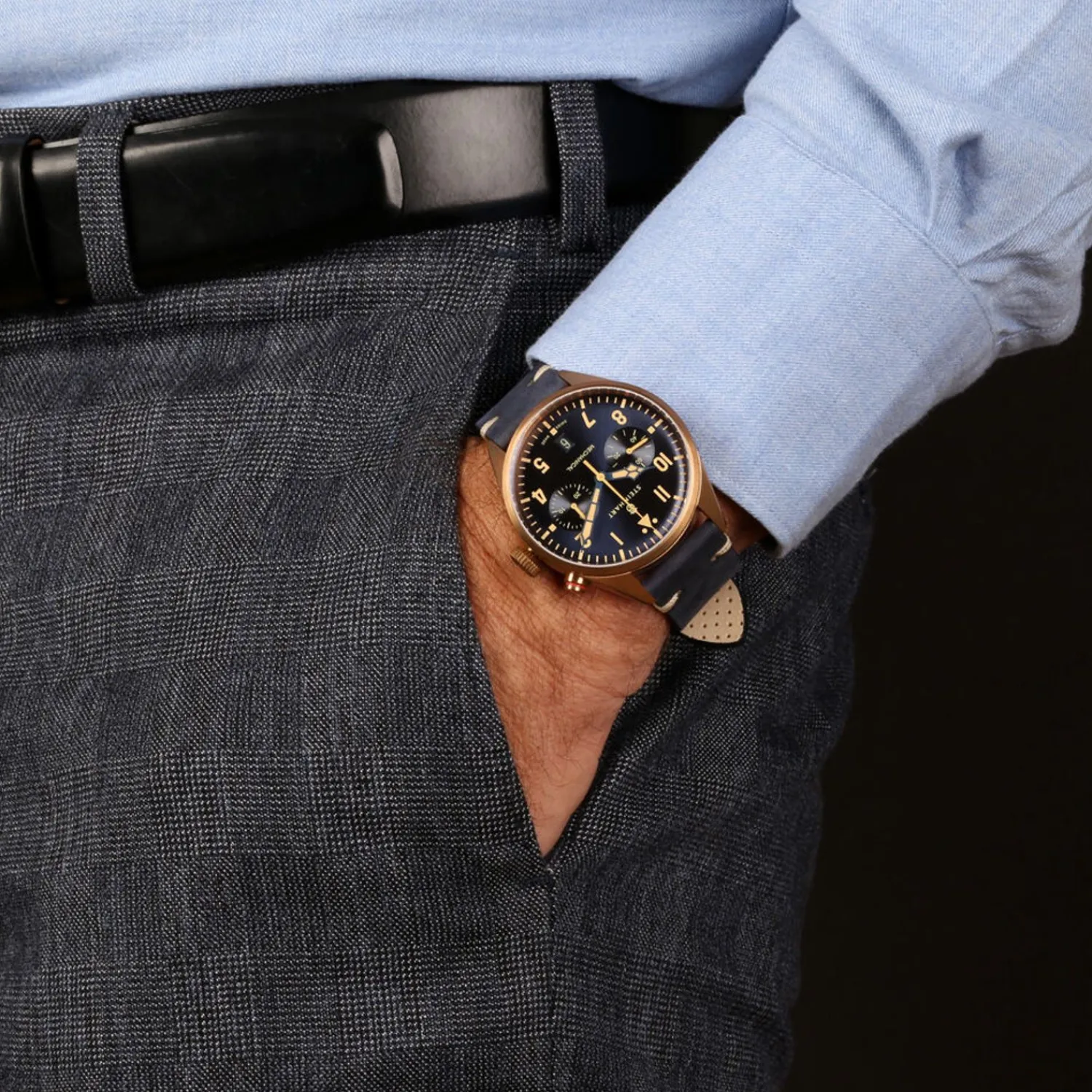 Steinhart Watches Pilotenhorloges^Nav.B - Monopusher Brons 42 Blauw