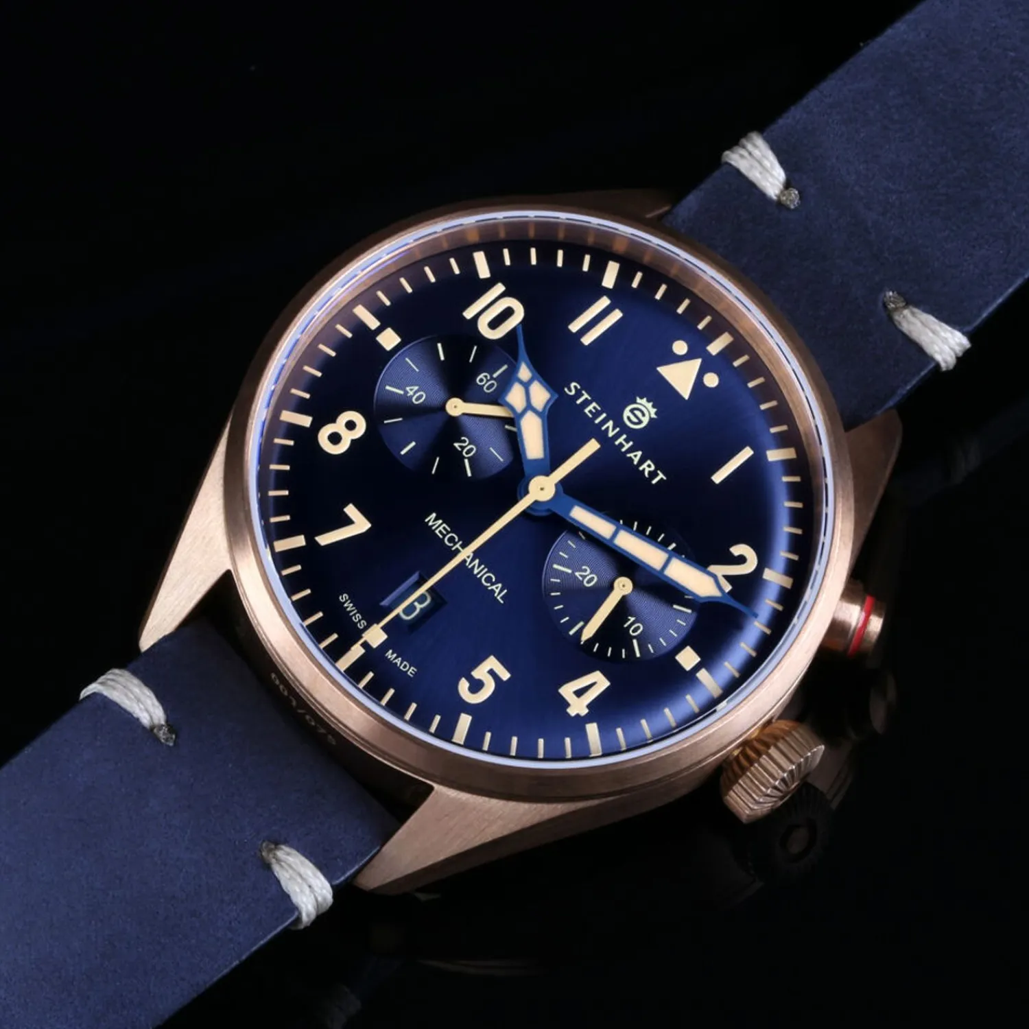 Steinhart Watches Pilotenhorloges^Nav.B - Monopusher Brons 42 Blauw