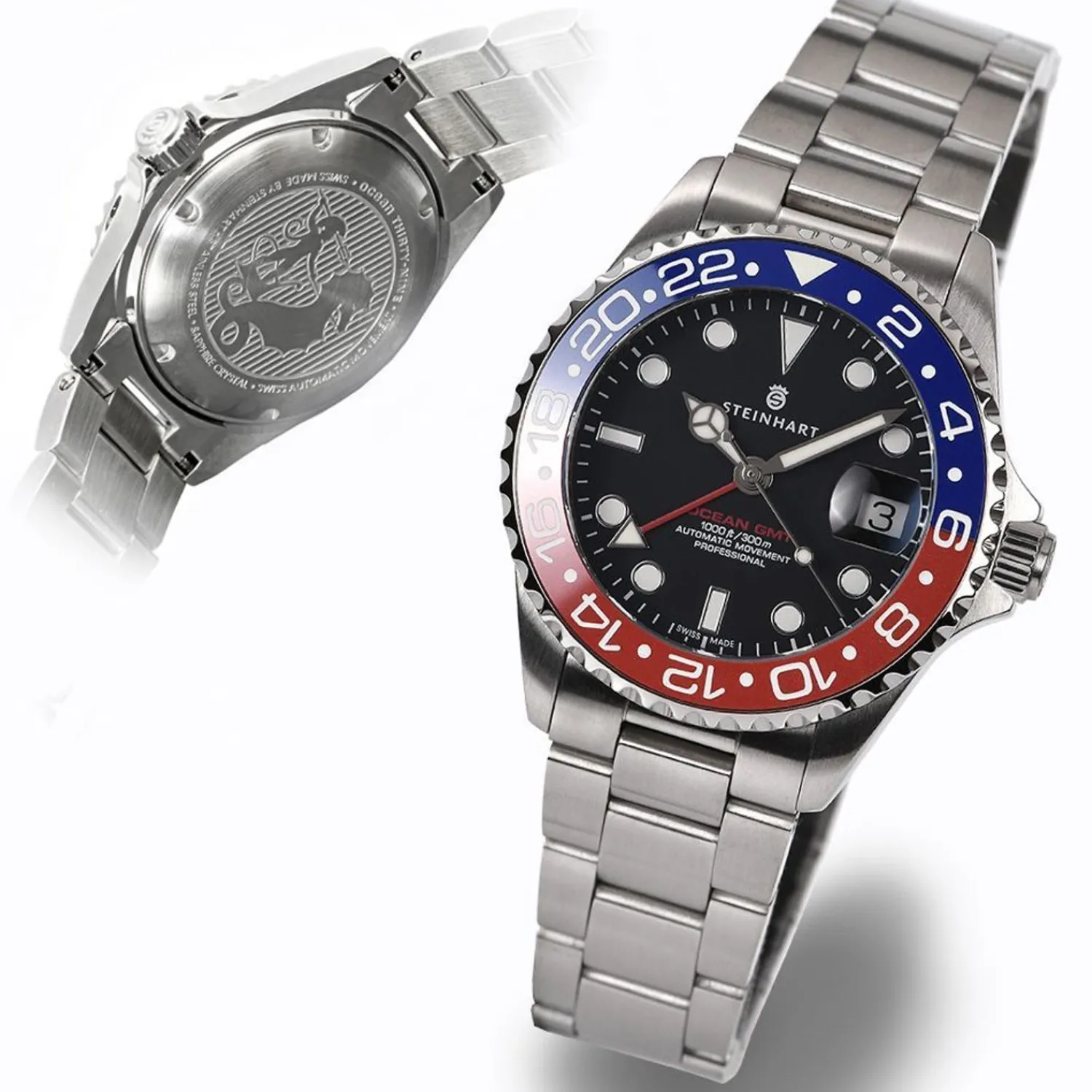 Steinhart Watches Duikhorloges 39 Mm^Ocean 39 Gmt Blauw-Rood Keramiek Duikhorloge