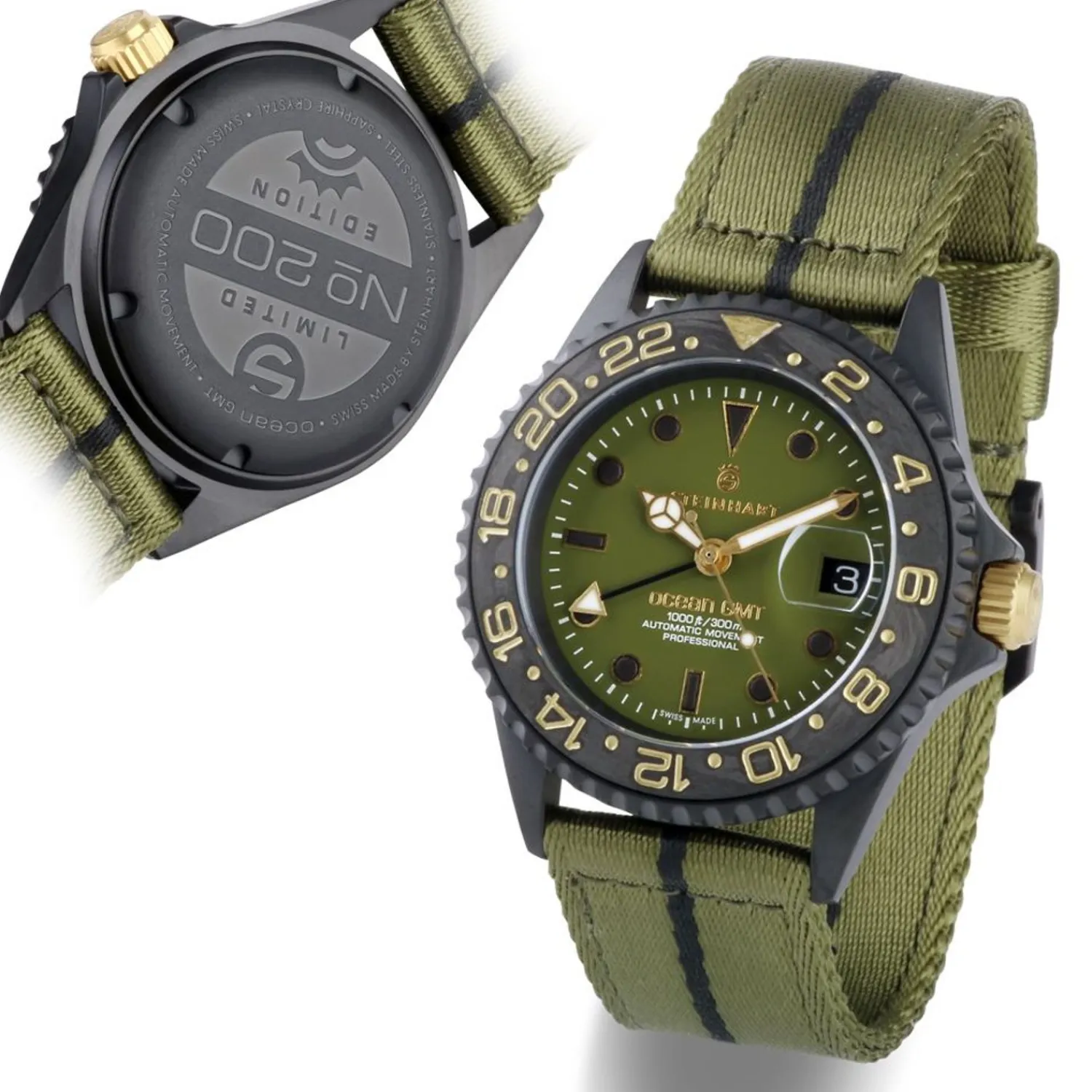 Steinhart Watches Duikhorloges 39 Mm^Ocean 39 Gmt Zwart Militair Kaki Duikhorloge