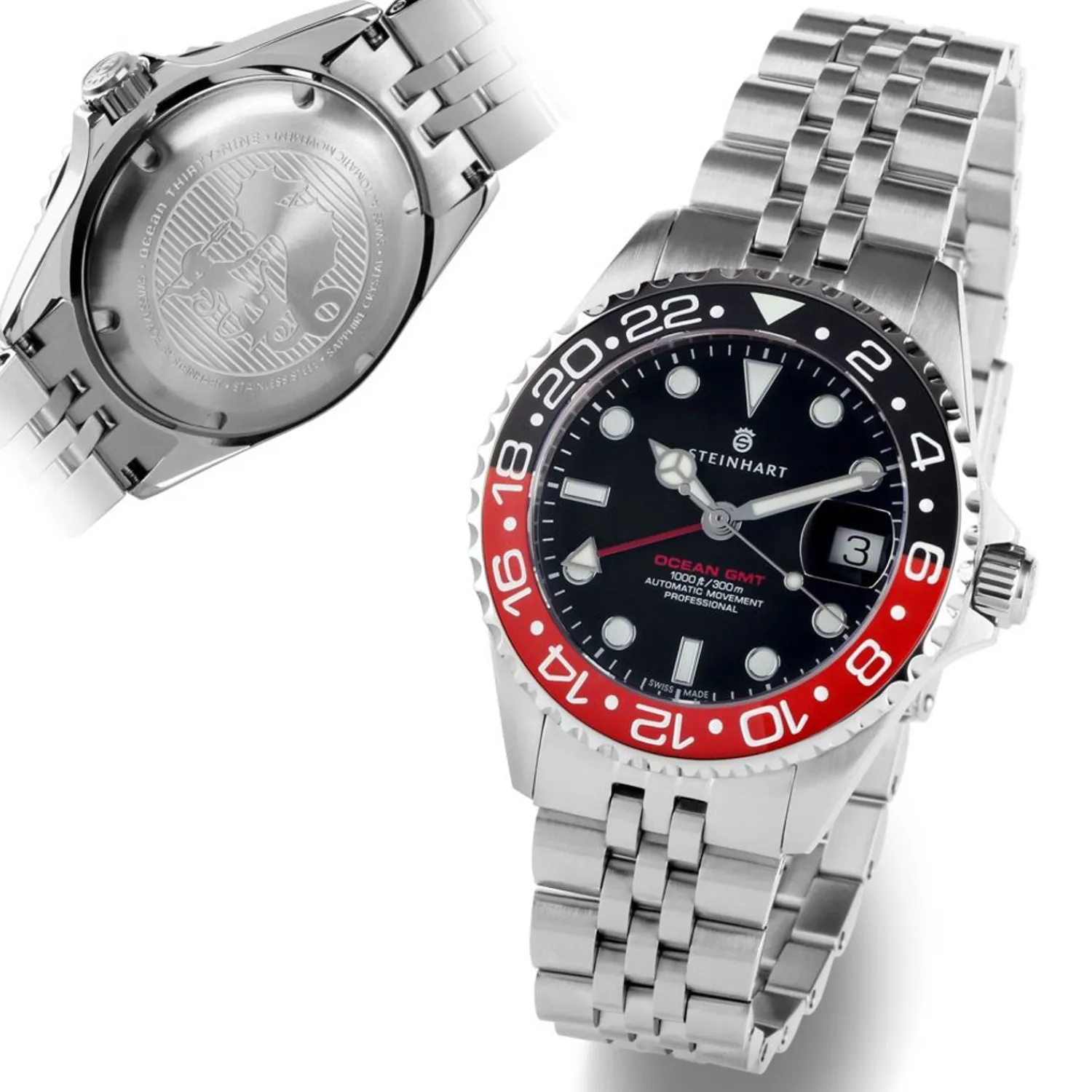 Steinhart Watches Duikhorloges 39 Mm^Ocean 39 Gmt.2 Zwart-Rood Keramiek Duikhorloge
