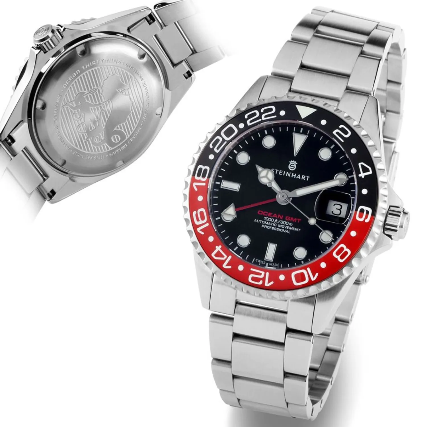 Steinhart Watches Duikhorloges 39 Mm^Ocean 39 Gmt Zwart-Rood Keramiek Duikhorloge