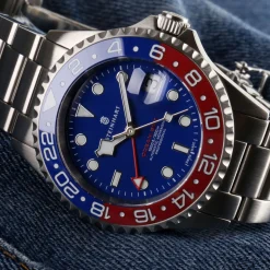 Steinhart Watches Duikhorloges 42 Mm^Ocean One Gmt Blauw-Rode Keramische Blauwe Wijzerplaat