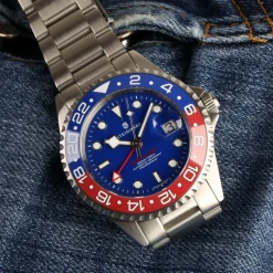 Steinhart Watches Duikhorloges 42 Mm^Ocean One Gmt Blauw-Rode Keramische Blauwe Wijzerplaat