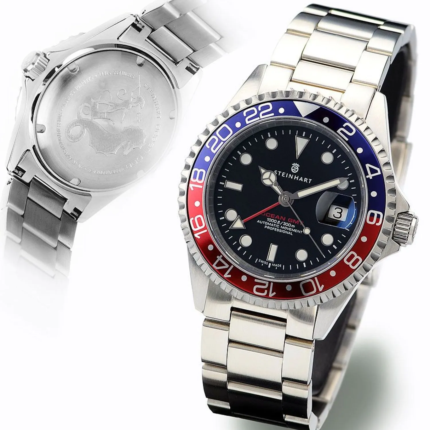 Steinhart Watches Duikhorloges 42 Mm^Ocean One Gmt Blauw-Rood Duikhorloge