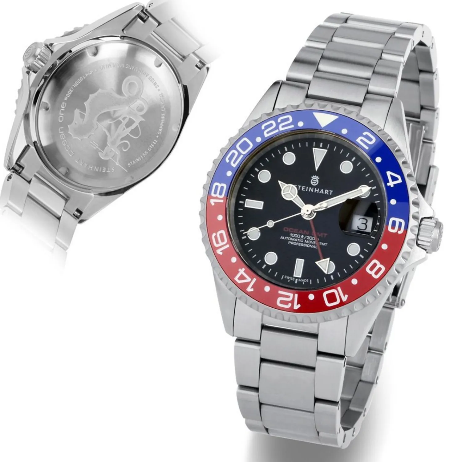 Steinhart Watches Duikhorloges 42 Mm^Ocean One Gmt Blauw-Rood Keramiek Duikhorloge