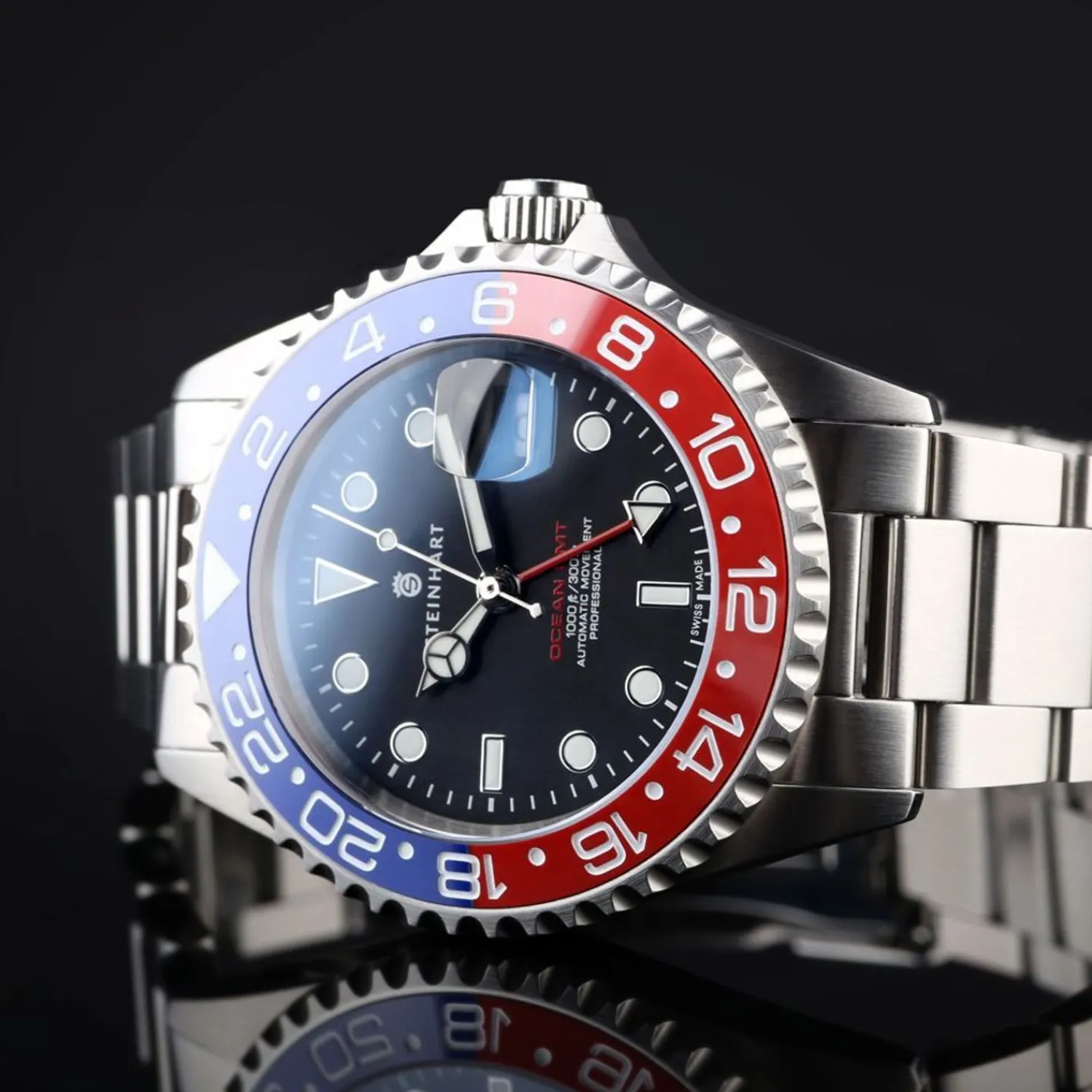 Steinhart Watches Duikhorloges 42 Mm^Ocean One Gmt Blauw-Rood Keramiek Duikhorloge
