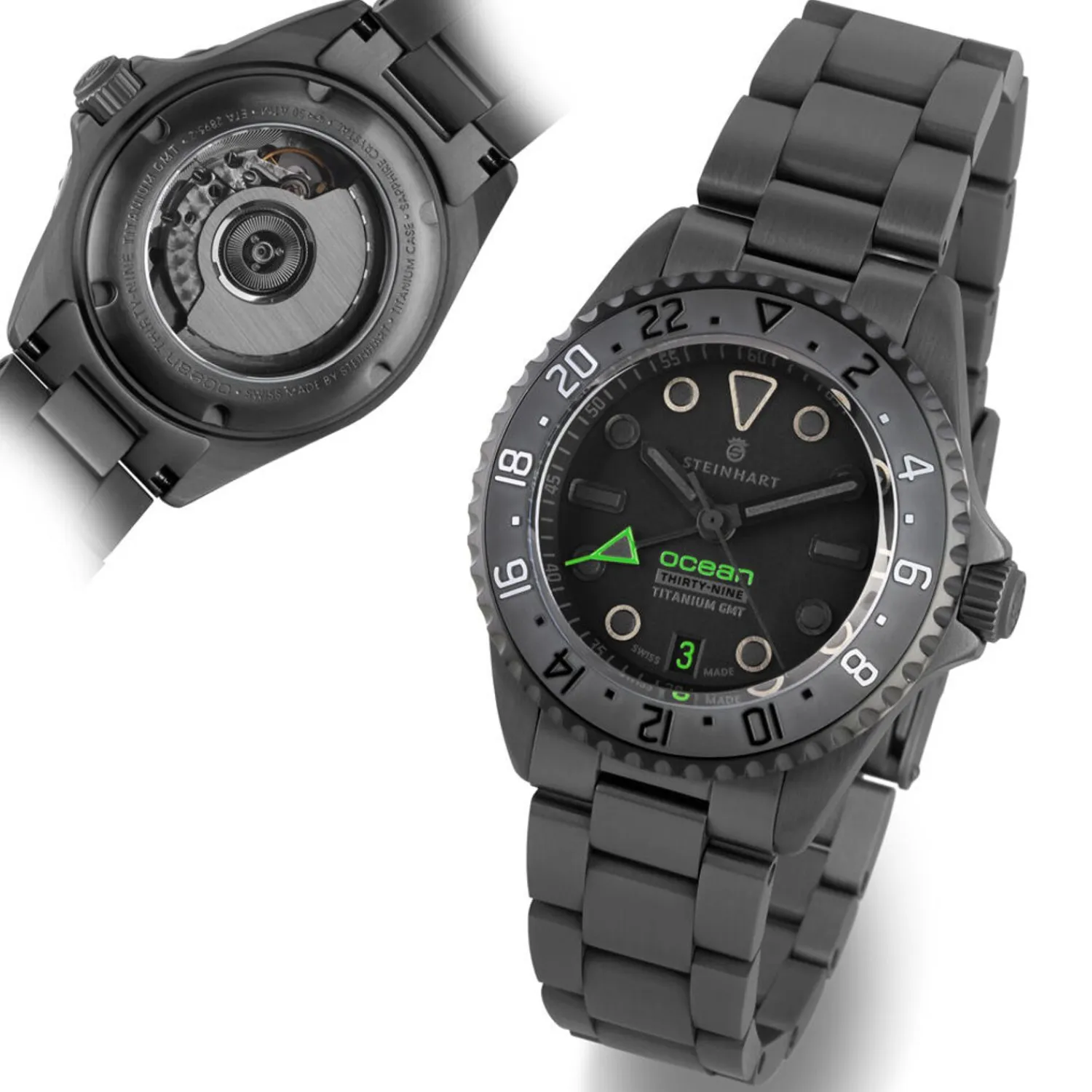 Steinhart Watches Premium Lijn^Ocean 39 Titanium Gmt Phantom Groen