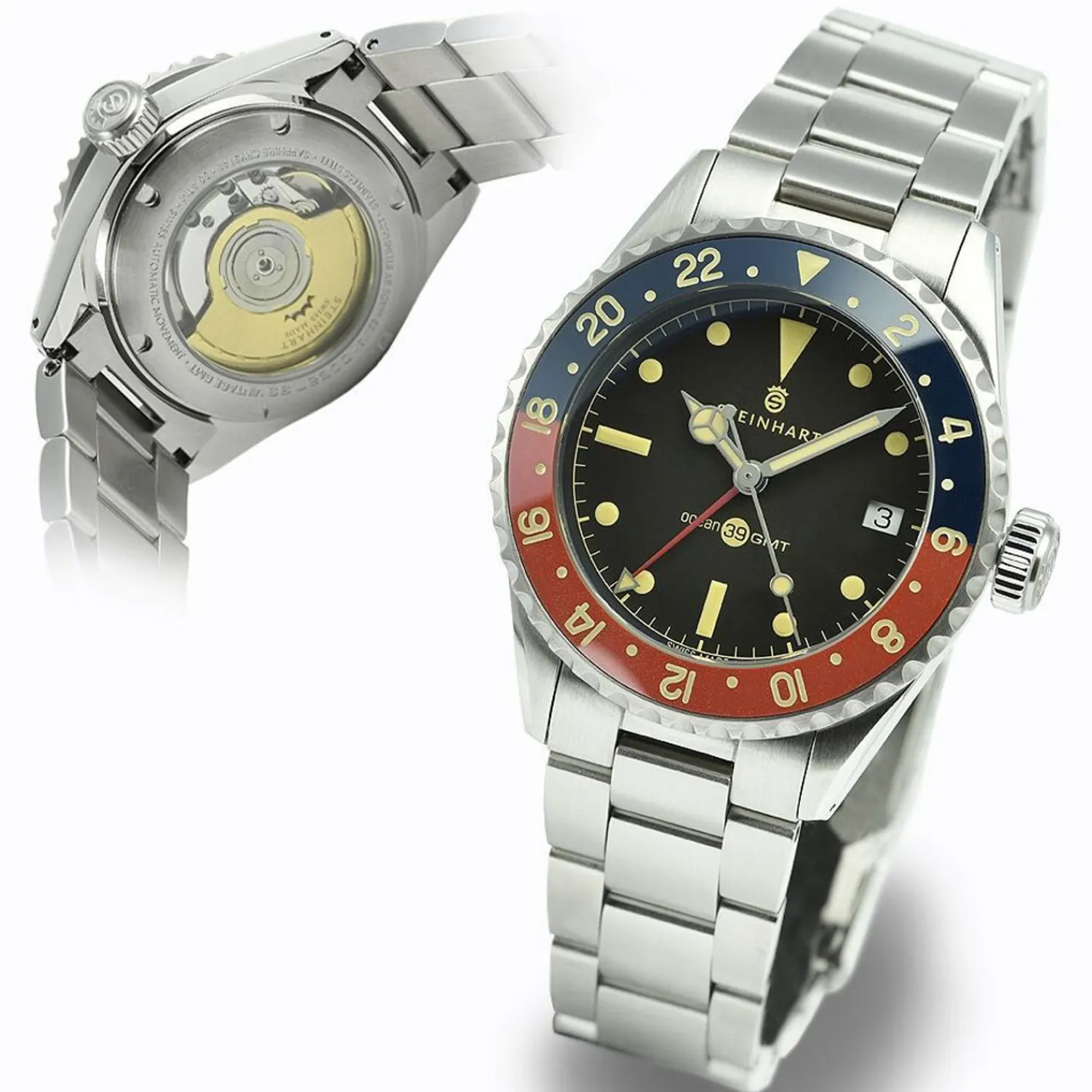 Steinhart Watches Duikhorloges 39 Mm^Ocean 39 Vintage Gmt Premium Blauw-Rood Keramiek Duikhorloge